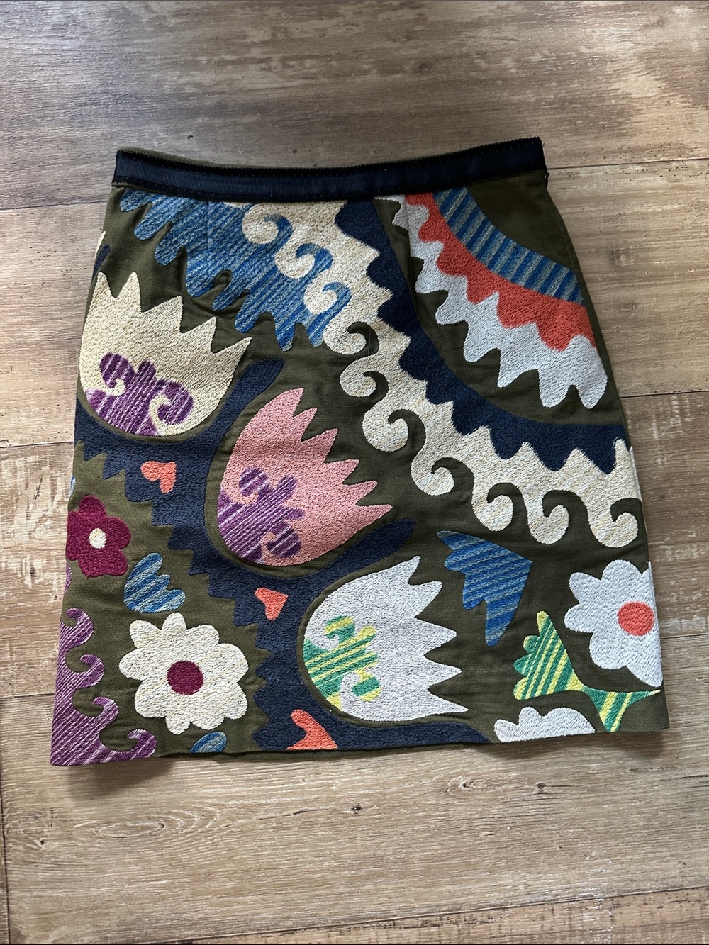Olive Green Embroidered Floral Mini Skirt